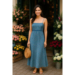 Vintage Cherokee Cotton Cottagecore Dress Midi Ditsy Floral Blue Romantic Spring